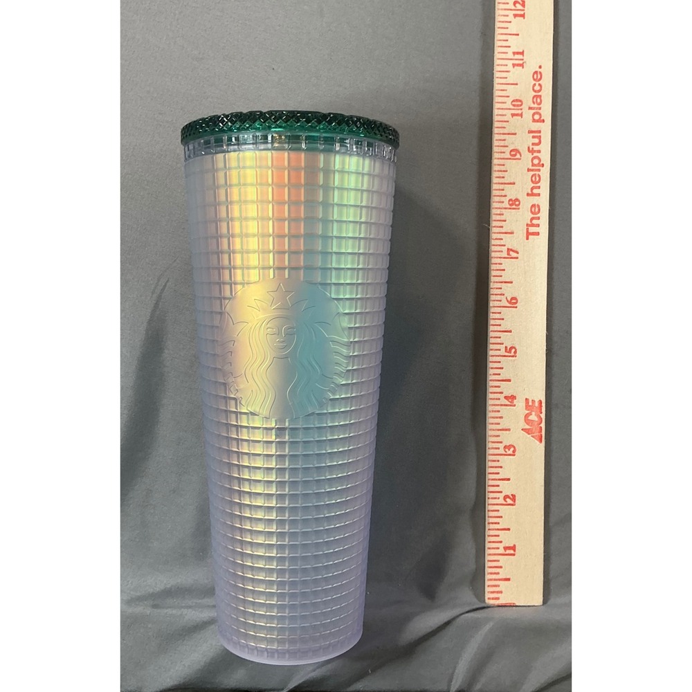 Starbucks Iridescent Grid Venti Cold Cup Tumbler 24oz Teal Studded Lid No Straw
